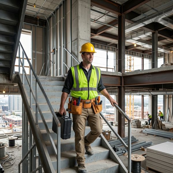  an electrician walking up a set of stairs on a commercial construction site