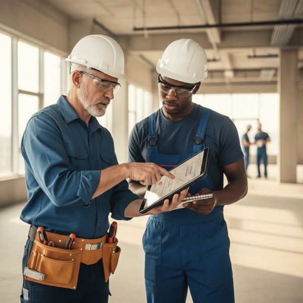 A male electrician is talking to another male electrician. One electrician is holding a tablet and pointing at it while wearing a toolbelt and safety glasses.