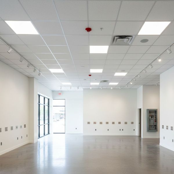 Brightly lit interior of a commercial retail space demonstrating professional electrical finishing work.