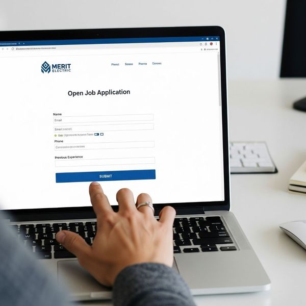 A person's hand about to click the submit button on an online job application form.