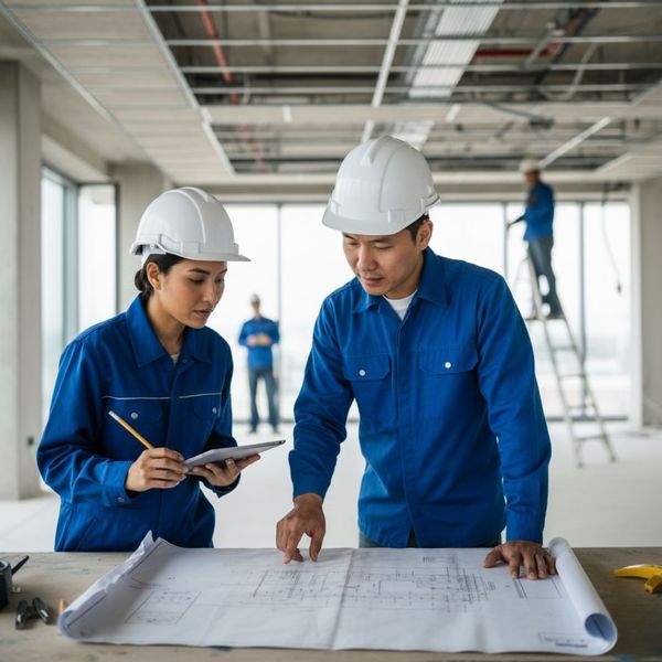 A male electrician and a female electrician are looking at blueprints on a table. The male electrician is pointing at the blueprints and they are both wearing safety hats.