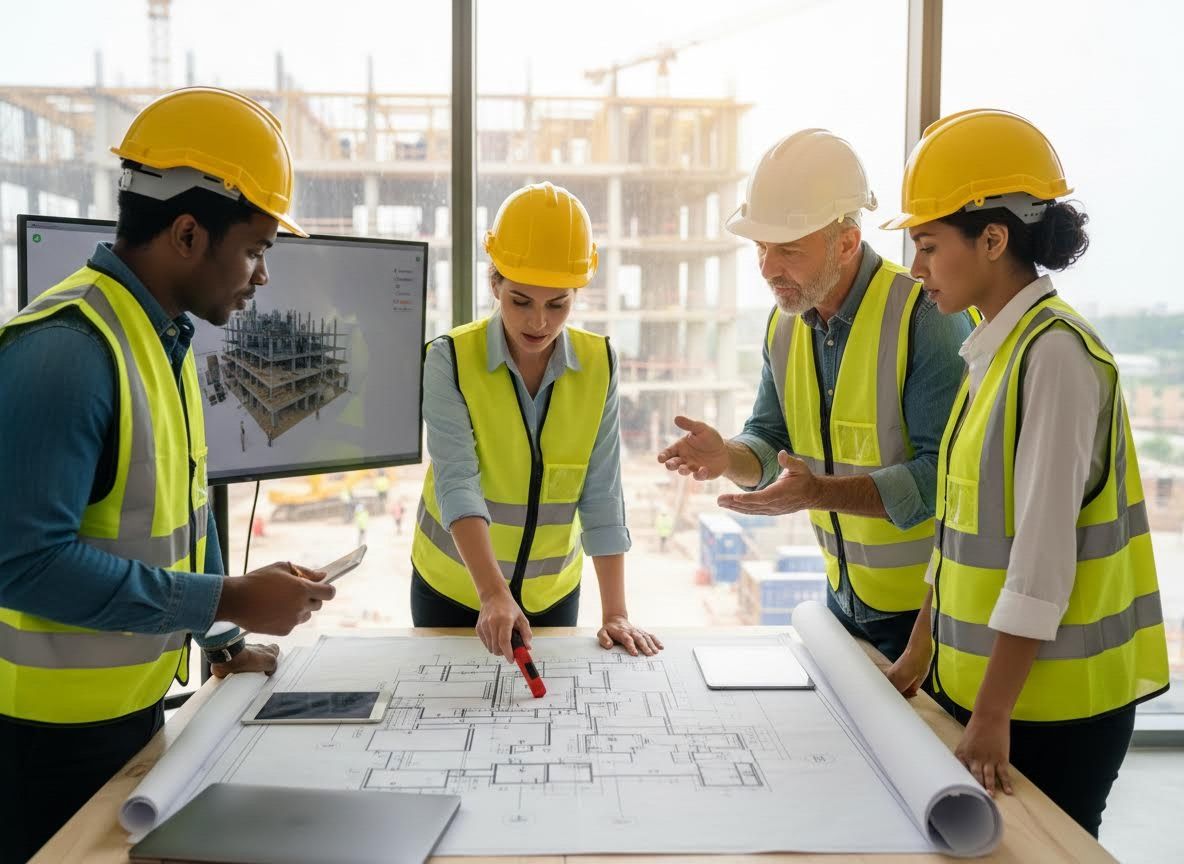 Construction Team Reviewing Building Plans