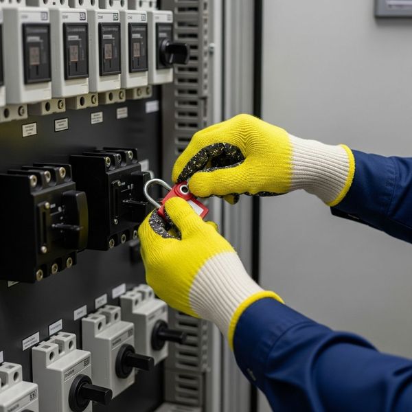  electrician performing a lock-out/tag-out safety procedure on an electrical panel
