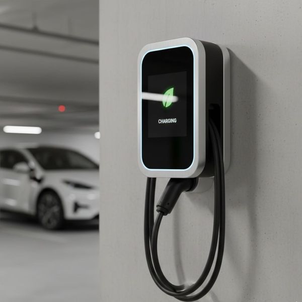 A sleek commercial EV charging station installed on a wall, representing sustainable energy solutions.