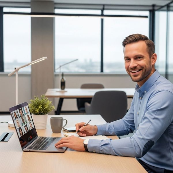 An electrician participating in a virtual job interview on a laptop.