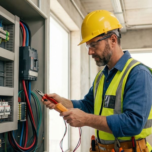 an electrician working with a commercial electrical panel
