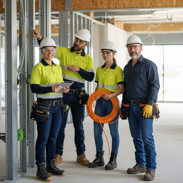 A diverse team of electricians standing together in a workshop.