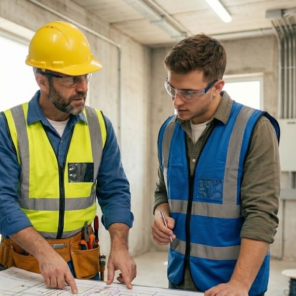 an electrician in a hard hat pointing at a wiring diagram, explaining it to a younger electrician