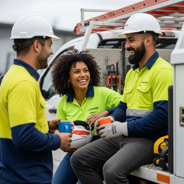 happy team of Merit Electric employee-owners talking during a break