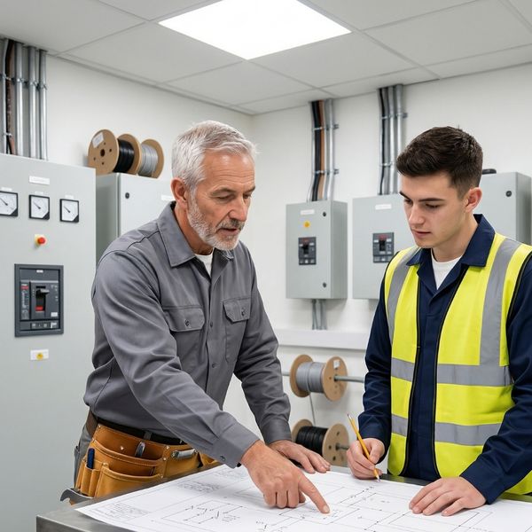 an older electrician pointing at a blueprint and mentoring a younger apprentice