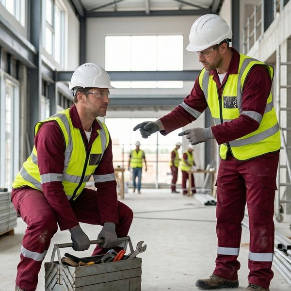 two commercial electricians demonstrating proper ergonomic lifting technique
