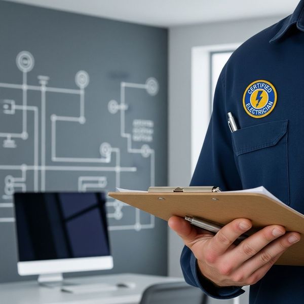 A professional electrician with a merit badge on their shirt holding a clipboard.