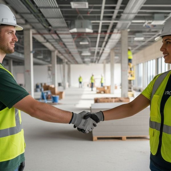 A handshake between professionals on a construction site symbolizing trust and customer-centric service.