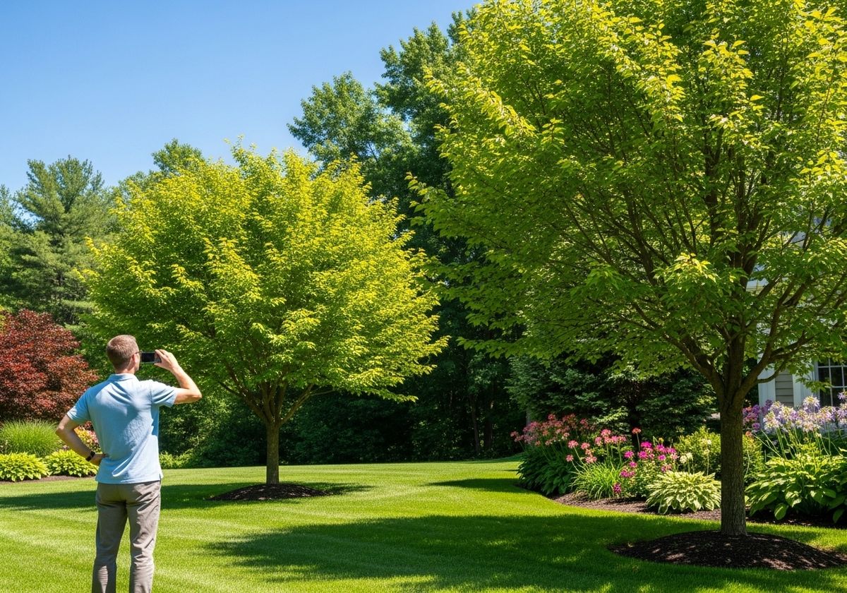 Man taking picture of well-manicured lawn with trees and flowers