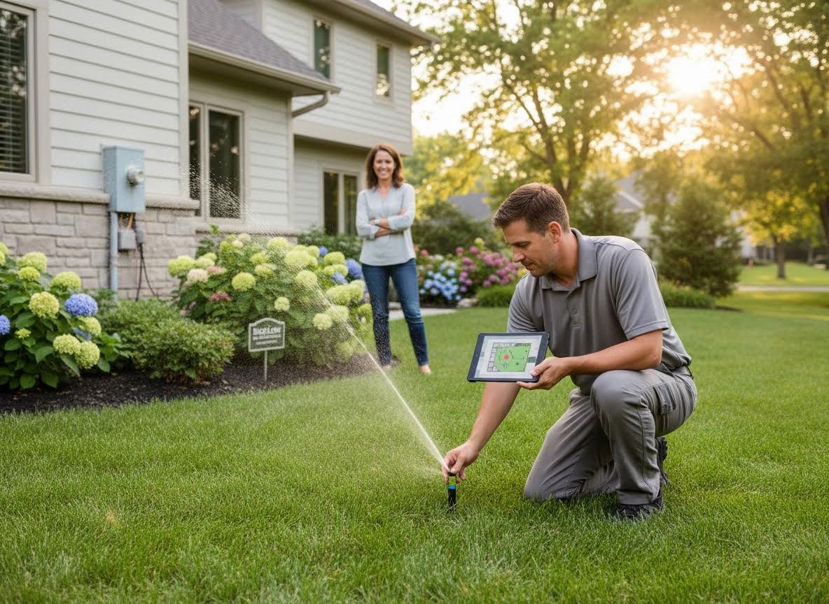 Man adjusting a smart sprinkler system with a tablet