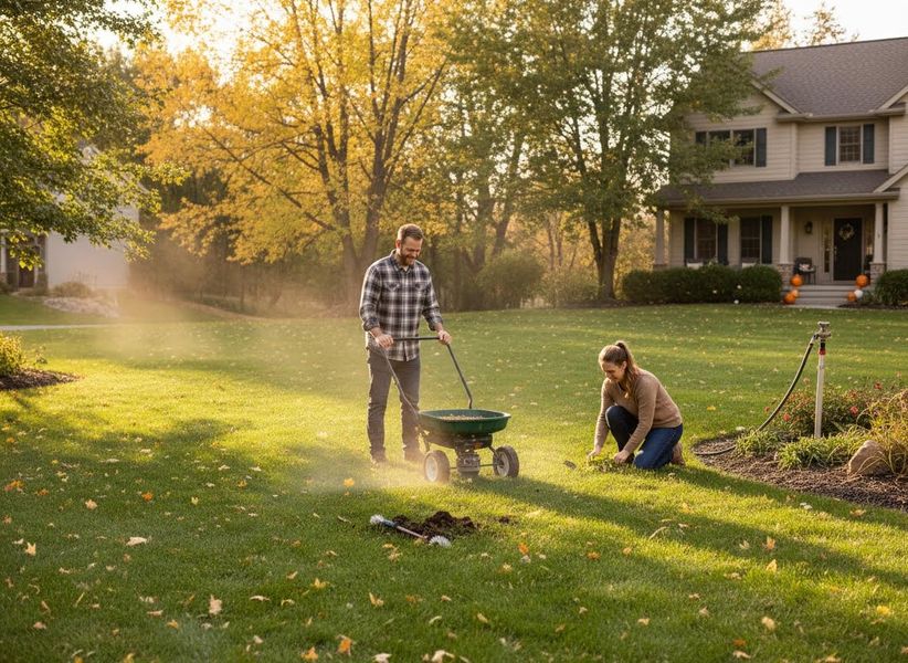 Couple Doing Fall Lawn Care and Gardening