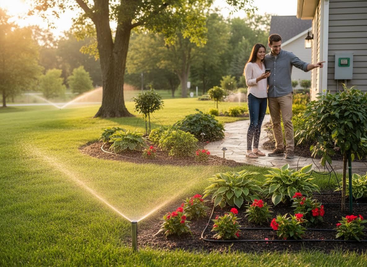 Couple managing smart irrigation system in their garden