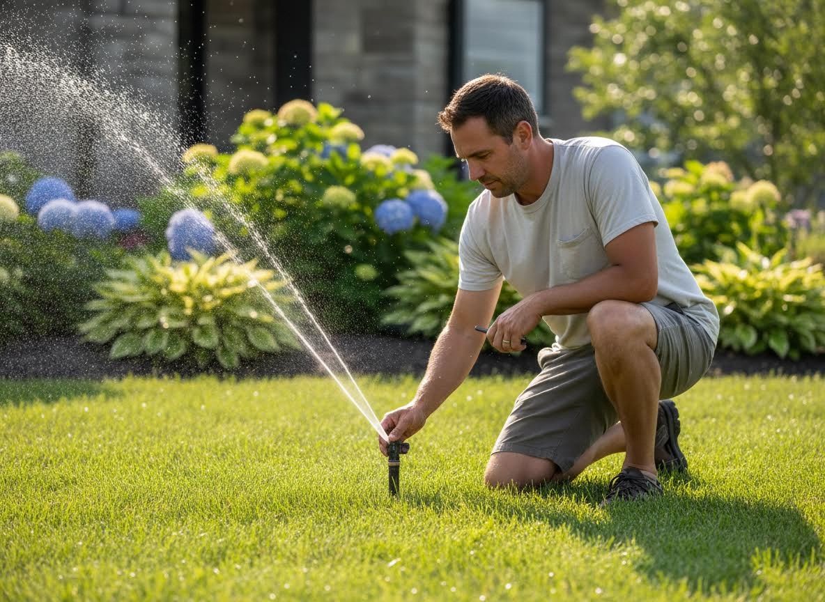 Man Adjusting Garden Sprinkler