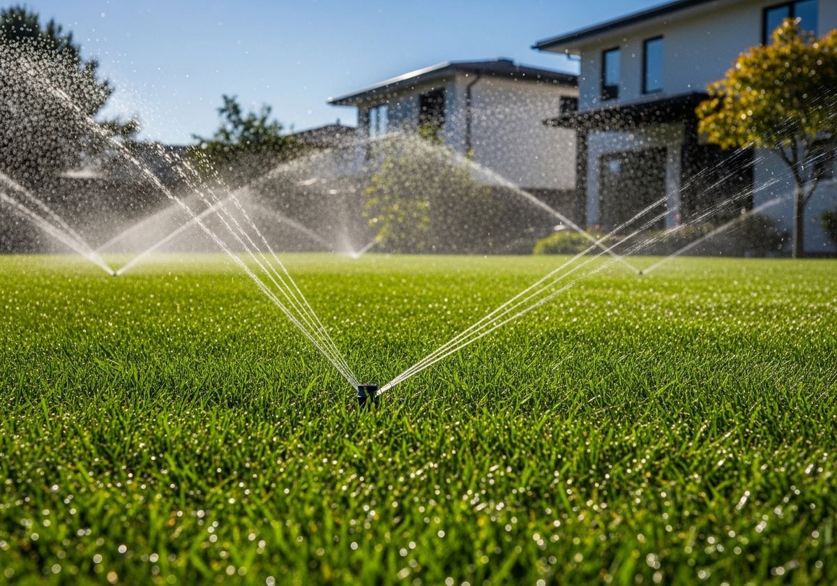 Sprinkler system watering a green lawn