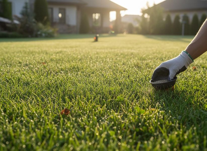 Gardener Applying Fertilizer to a Dewy Green Lawn