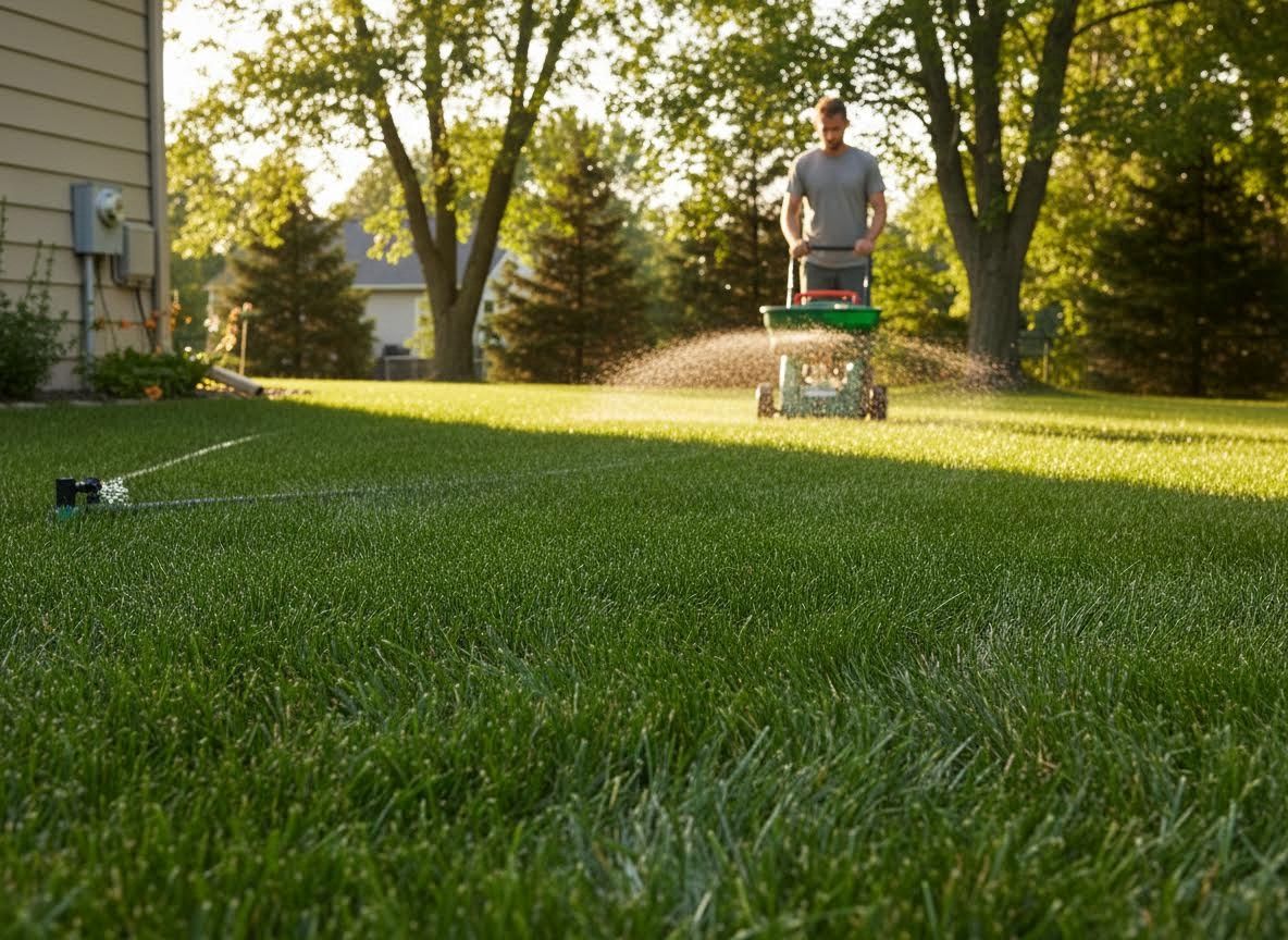 Man Spreading Fertilizer on a Sunny Lawn