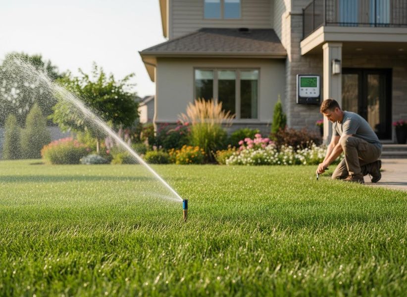 Man adjusting smart sprinkler system on a lush green lawn