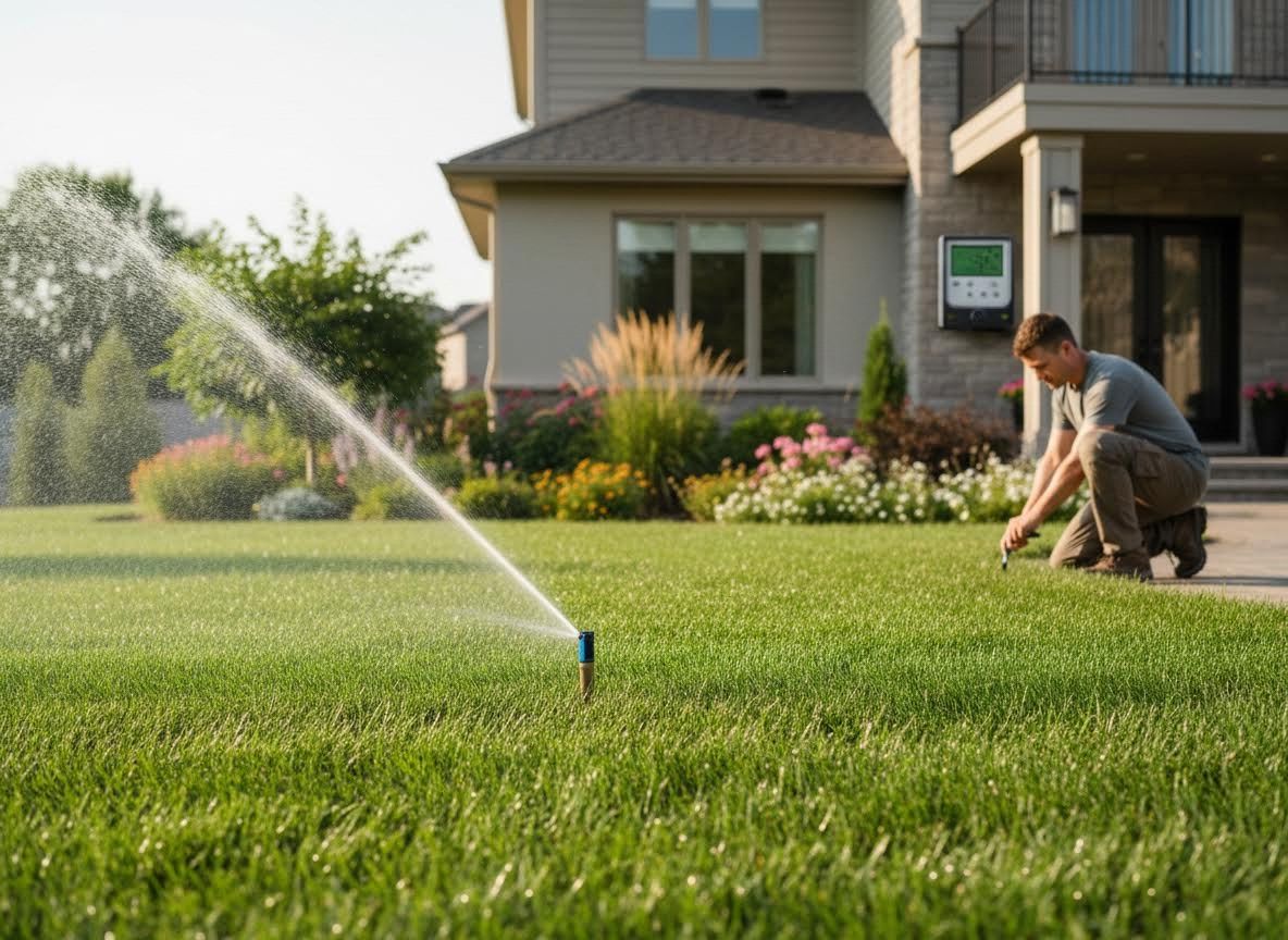 Man adjusting smart sprinkler system on a lush green lawn