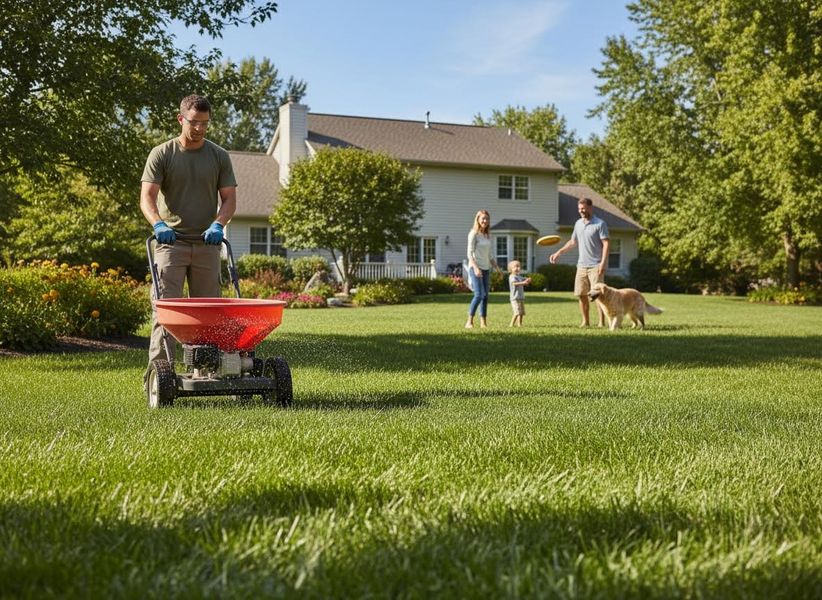 Man Fertilizing Lawn While Family Plays