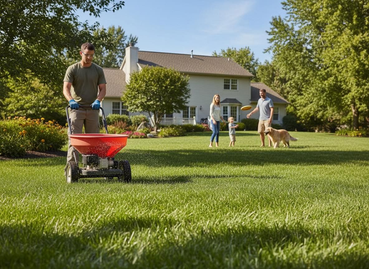 Man Fertilizing Lawn While Family Plays