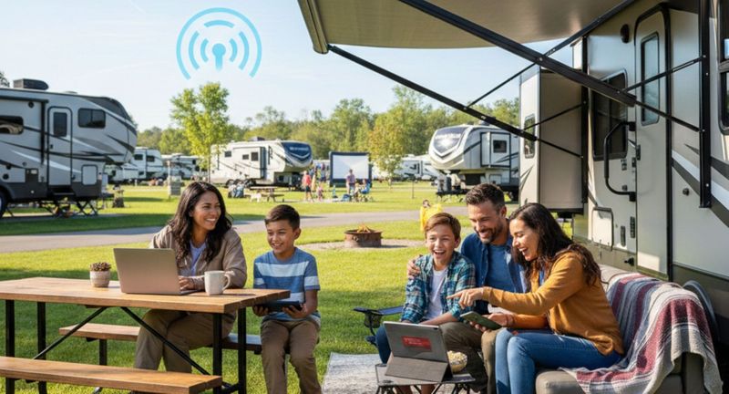 Family at an RV park. Family at an RV park.