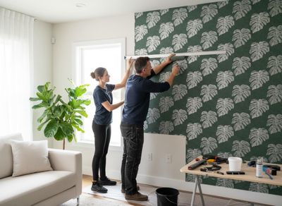 Couple applying monstera leaf wallpaper
