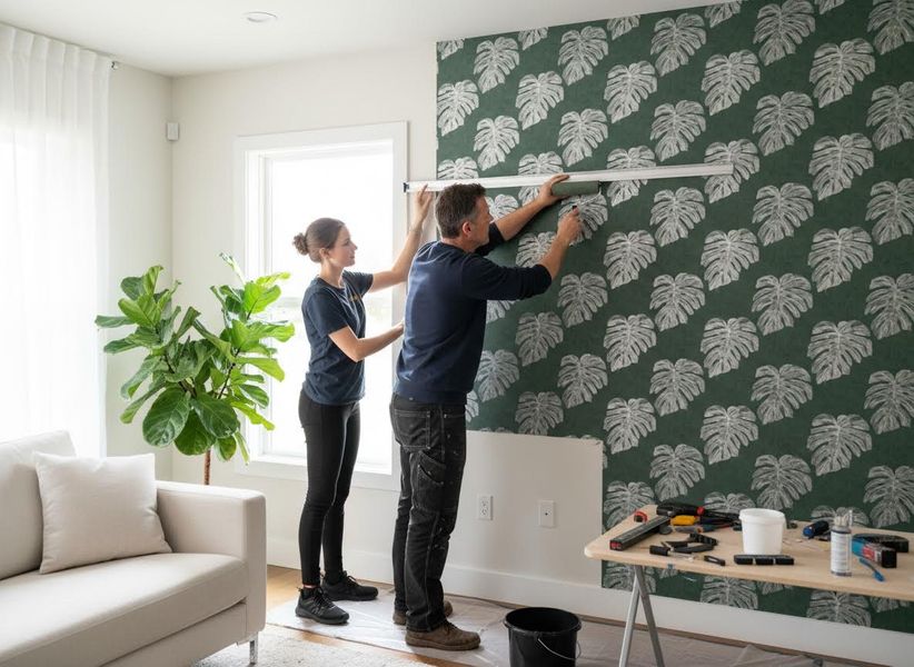 A man and woman carefully apply green and white monstera leaf wallpaper to a wall in a bright room. Tools are on a nearby table. Couple applying monstera leaf wallpaper
