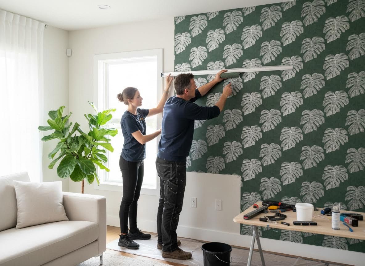 Couple applying monstera leaf wallpaper