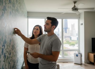 Couple installing floral wallpaper in an apartment