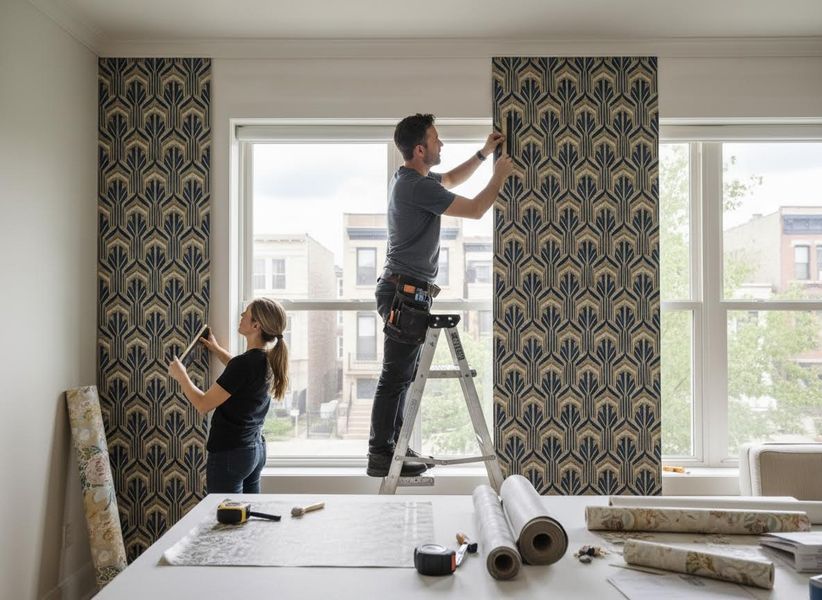 A man on a ladder and a woman meticulously applying dark blue and gold geometric wallpaper to a wall next to a large window. Couple Installing Art Deco Patterned Wallpaper