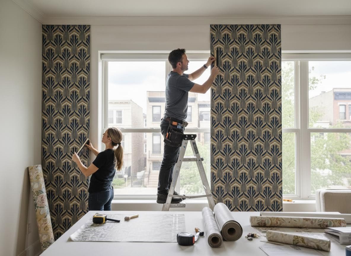 Couple Installing Art Deco Patterned Wallpaper