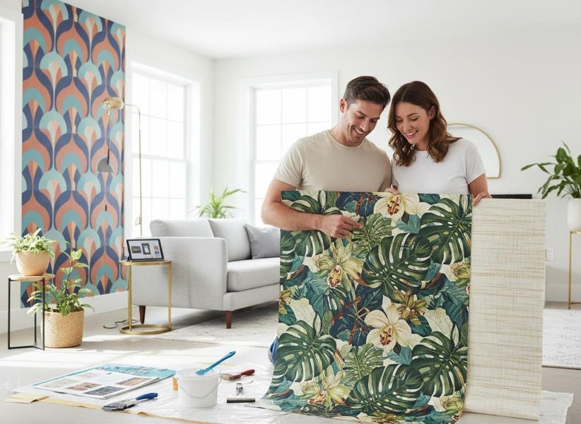 Couple Choosing Wallpaper Samples in Living Room