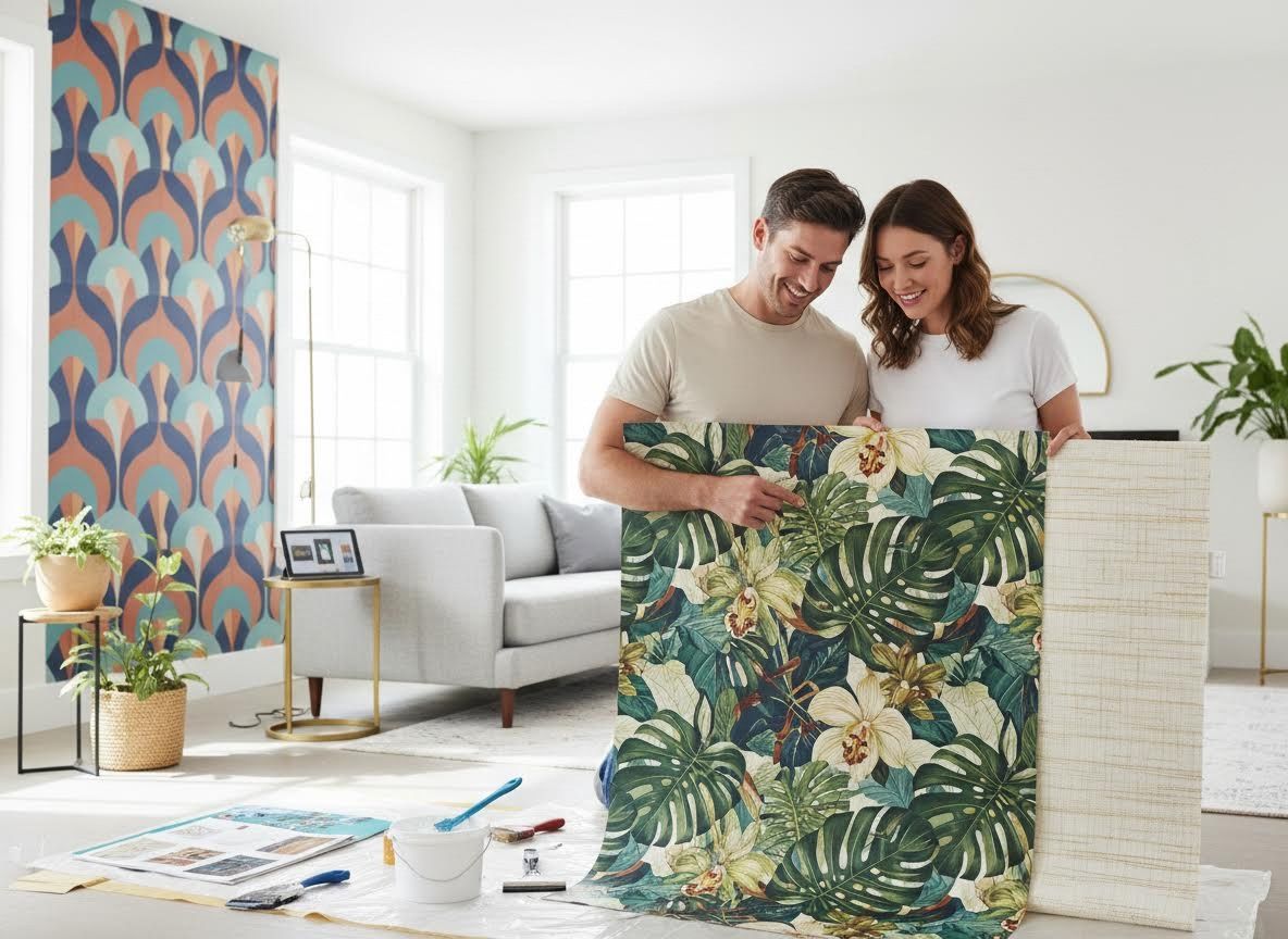Couple Choosing Wallpaper Samples in Living Room