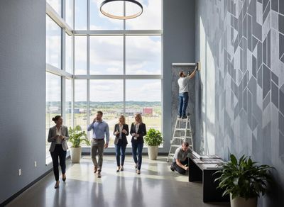 Modern Office with Professionals and Wallpaper Installation