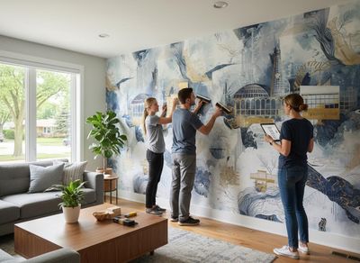People installing abstract architectural wallpaper