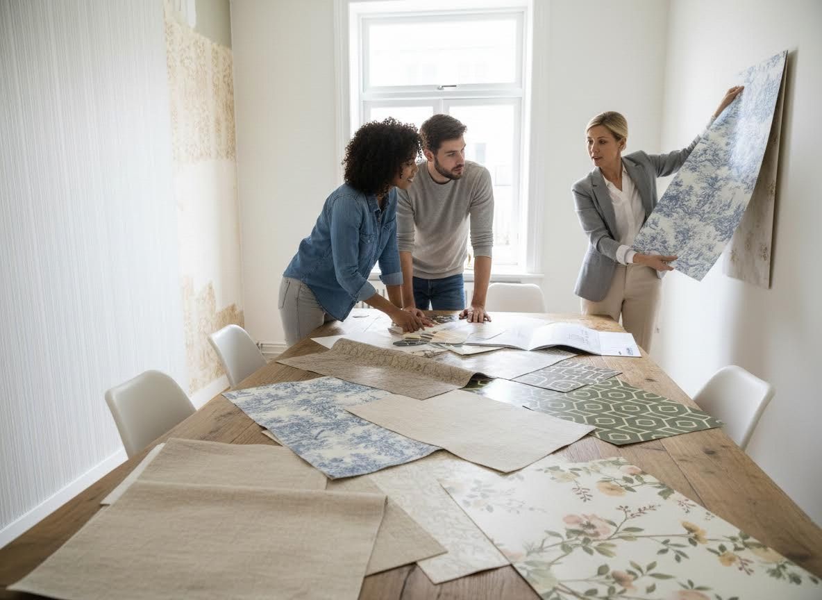 Interior Designer and Couple Choosing Wallpaper