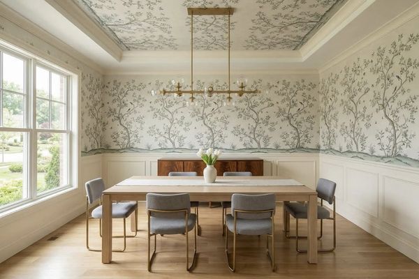 Clean dining room area with custom tree wallpaper