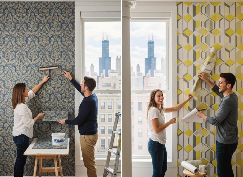 Two couples happily installing patterned wallpaper in an apartment with cityscape views, featuring Chicago's iconic skyscraper. Couples installing wallpaper with city views