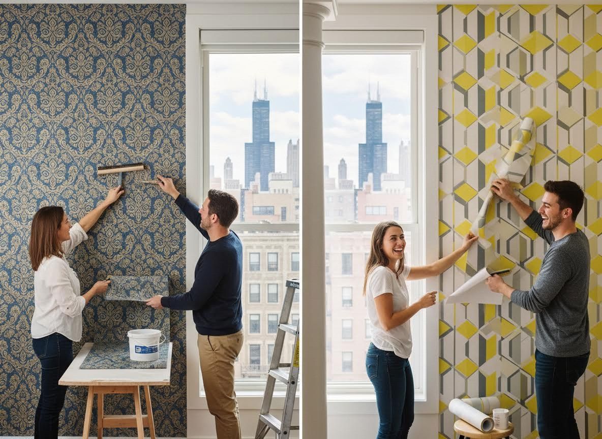 Couples installing wallpaper with city views