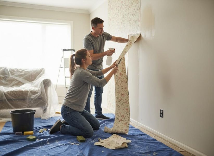 A couple strips floral wallpaper from a wall during a home renovation. The room has a blue tarp on the floor and plastic-covered furniture. Couple Removing Wallpaper During Home Renovation