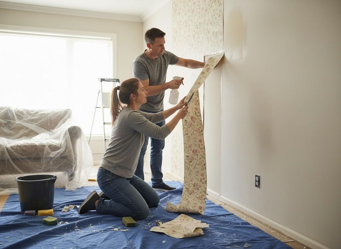 Couple Removing Wallpaper During Home Renovation