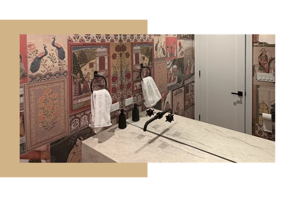 Business bathroom with elegant wallpaper