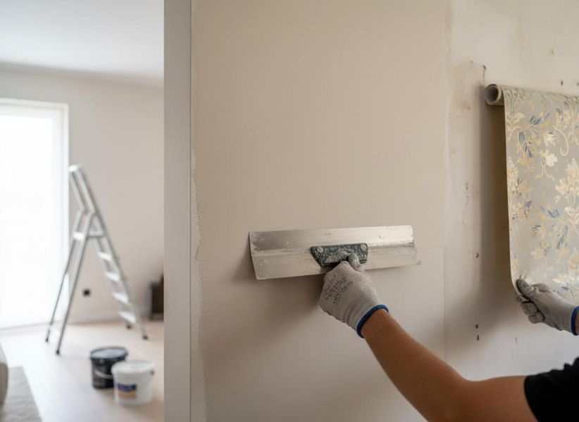 A person in gloves uses a plastering trowel to smooth a wall, preparing it for installation of patterned wallpaper. A ladder is in the background. Person Plastering Wall for Wallpaper Installation