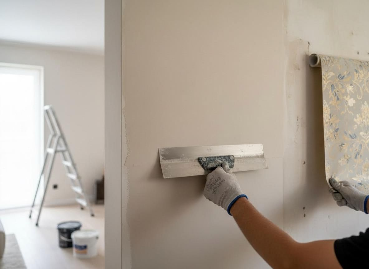 Person Plastering Wall for Wallpaper Installation