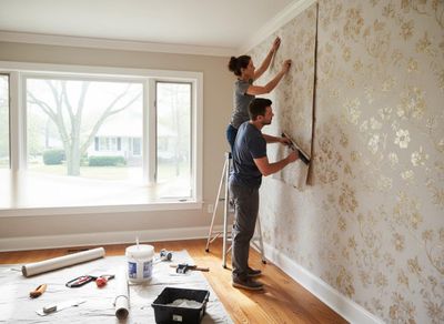 Couple Installing Golden Floral Wallpaper in a Bright Room